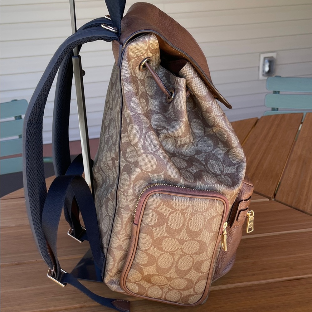Coach Signature Tan and Brown Leather & Canvas & Leather Backpack - Picture 4 of 13